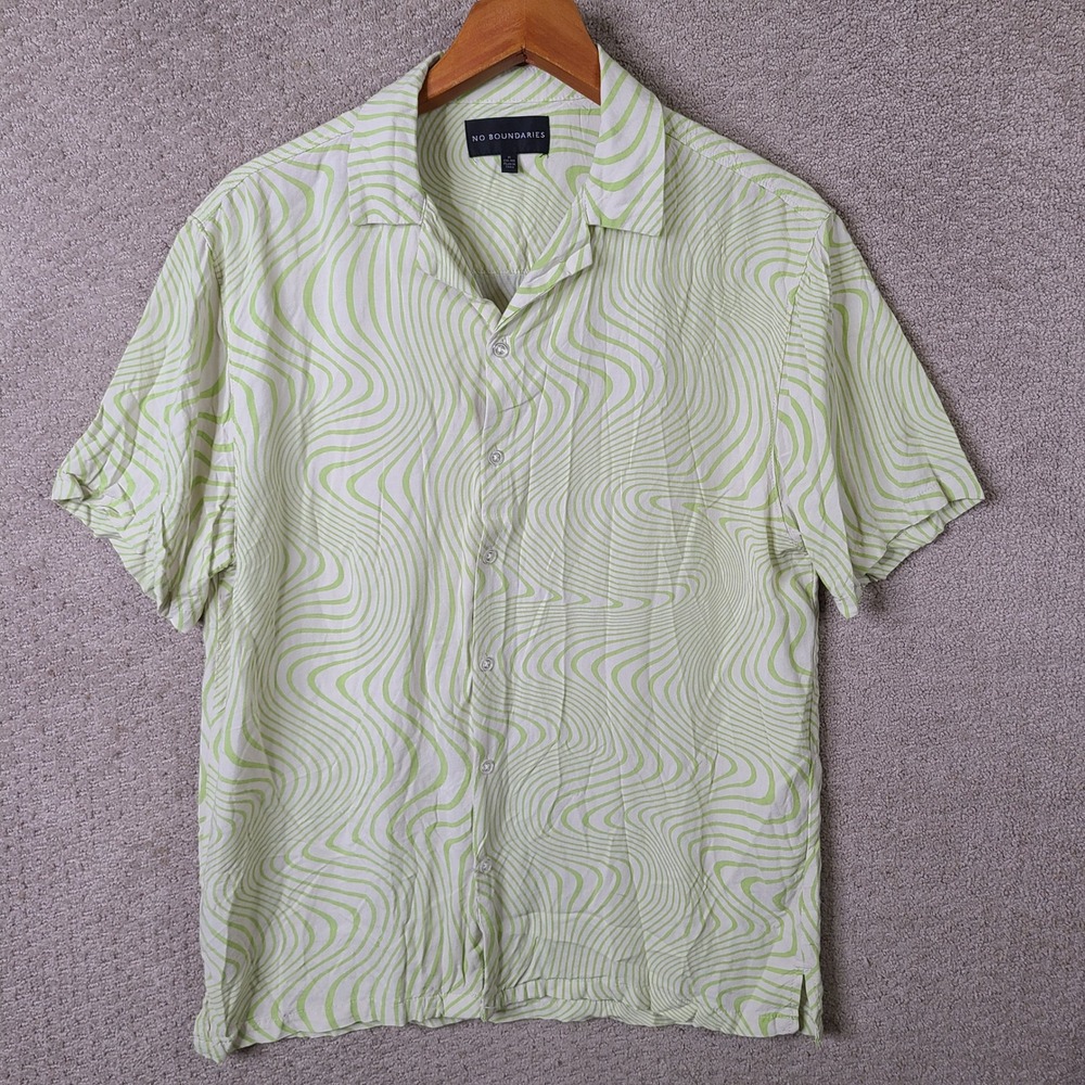 No Boundaries Shirt Mens M Green Swirl Button Down Rayon Short‎ Sleeve Casual